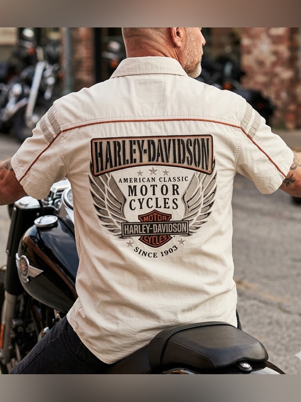 Harley-Davidson Men's Large Tan Button Up Short Sleeve Shirt Winged Back Graphic